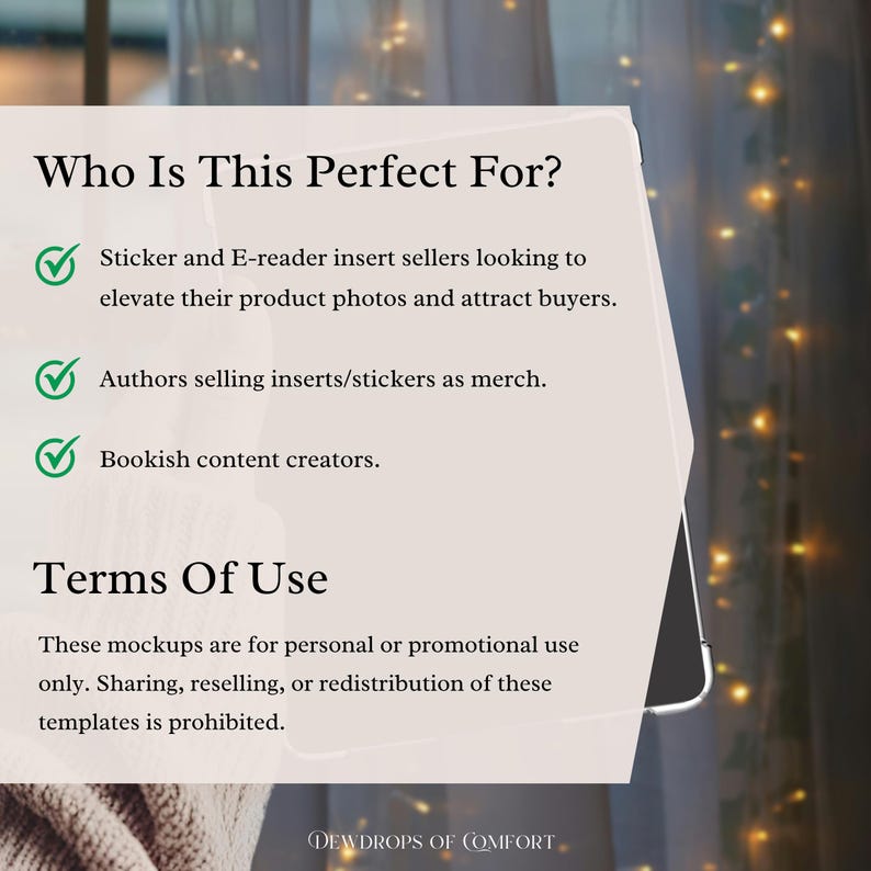 May include: A mockup image with text that reads "Who Is This Perfect For?" followed by a list of potential users, including sticker sellers and authors. The text also includes "Terms Of Use" and a prohibition against sharing or reselling the templates.