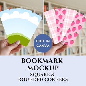 May include: A mockup featuring two sets of bookmarks. One set has a sky and grassy hill design, the other features a pink plaid pattern with strawberry illustrations. The image includes the text "EDIT IN CANVA" and "BOOKMARK MOCKUP SQUARE & ROUNDED CORNERS."