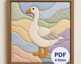 May include: A framed fabric wall art piece featuring a white goose with an orange beak and feet, set against a background of wavy, multi-colored fabric patches in floral, gingham, and solid patterns. The text PDF 4 Sizes is visible.