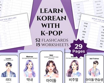 Learn Korean with Kpop Korean Flashcards, South Korean Language Learning, Study Korean Vocabulary, Korean Worksheets K-pop Korean Learning