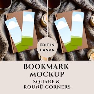 Mall för två bokmärken, mockup för bokmärke med rundade hörn 2x6, mockup för bokmärke med fyrkantiga hörn 6x2, mockup för dubbelt bokmärke i Canva
