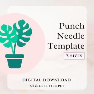 Puede incluir: Plantilla de descarga digital para bordado con aguja de punzón con una planta verde en maceta con hojas de monstera sobre un fondo rosa. El texto "Punch Needle Template" y "3 SIZES" se muestra en texto negro. El texto "DIGITAL DOWNLOAD - A4 & US LETTER PDF -" se muestra en texto negro.