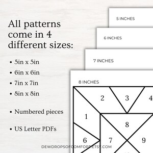 K&ouml;nnte beinhalten: Ein digitales Schnittmusterdokument mit nummerierten geometrischen Teilen in vier Gr&ouml;&szlig;en: 12,7 cm, 15,2 cm, 17,8 cm und 20,3 cm. Der Text lautet: All patterns come in 4 different sizes, 5in x 5in, 6in x 6in, 7in x 7in, 8in x 8in, Numbered pieces, US Letter PDFs, DEWDROPSOFCOMFORT.ETSY.COM.