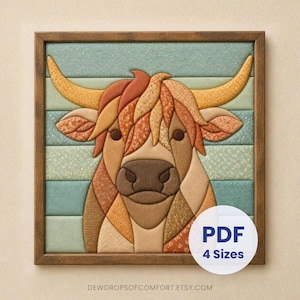 May include: A square framed fabric art piece featuring a stylised highland cow with long curved horns, rendered in shades of orange, brown, and tan. The background consists of horizontal teal and light green fabric strips. Includes a PDF 4 Sizes label.