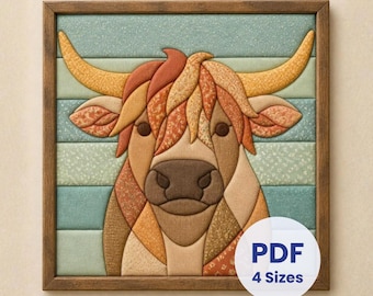 May include: A square framed wall art piece featuring a fabric-pieced Highland cow with long curved horns. The cow is composed of various textured fabric patches in shades of brown, orange, and tan. A white circular label reads PDF 4 Sizes.