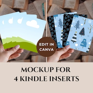 May include: Four Kindle inserts with various designs are displayed. One set features a landscape with a blue sky and green hills. The other set has winter-themed patterns with Christmas trees and snowflakes. The text "EDIT IN CANVA" is on a brown circle.