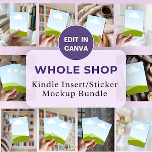 May include: A digital mockup bundle for Kindle inserts and stickers featuring a landscape graphic of a white cloud over green hills against a light blue sky. The text reads EDIT IN CANVA, WHOLE SHOP, and Kindle Insert/Sticker Mockup Bundle.