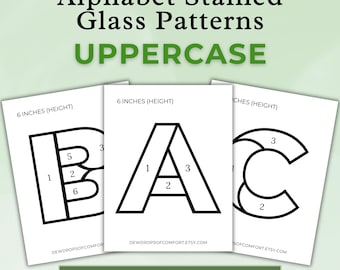Buntglas-Alphabetmuster A-Z, Buchstaben-Sonnenfängermuster, Buchstaben-Buntglas-Alphabetmuster-Set, vollständige Alphabet-Buntglasvorlage