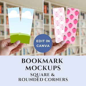 May include: A mockup image showcasing three bookmarks. One features a landscape design, while the others display pink patterns with strawberries and hearts. The image includes the text "BOOKMARK MOCKUPS SQUARE & ROUNDED CORNERS" and "EDIT IN CANVA".