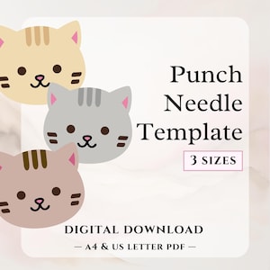 Könnte beinhalten: Drei digitale Vorlagen für Punch-Needle-Stickerei mit niedlichen Cartoon-Katzen in Beige, Grau und Braun. Der Text auf dem Bild lautet "Punch Needle Template" und "3 SIZES".