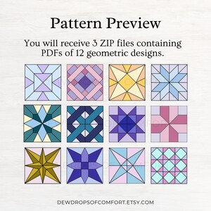 K&ouml;nnte beinhalten: Eine digitale Mustervorschau mit 12 geometrischen Quilt-Block-Designs in verschiedenen Pastell- und kr&auml;ftigen Farben. Der Text lautet: Pattern Preview, You will receive 3 ZIP files containing PDFs of 12 geometric designs, und DEWDROPSOFCOMFORT.ETSY.COM.