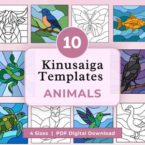 Puede incluir: Una colección digital de 10 plantillas Kinusaiga con diseños de animales en estilo vidriera. El conjunto incluye ilustraciones de vaca, pájaro, mariposa, pez, serpiente, cuervo, tortuga, gato, colibrí y ganso en 4 tamaños como archivo PDF.