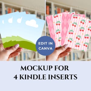 以下が含まれることがあります： 4つのKindleインサートのモックアップ。画像には4枚のカードがあり、2枚は風景デザイン、2枚はピンクのチェリー柄です。「Edit in Canva」というテキストが青い円にあります。「Mockup for 4 Kindle Inserts」というテキストが一番下にあります。