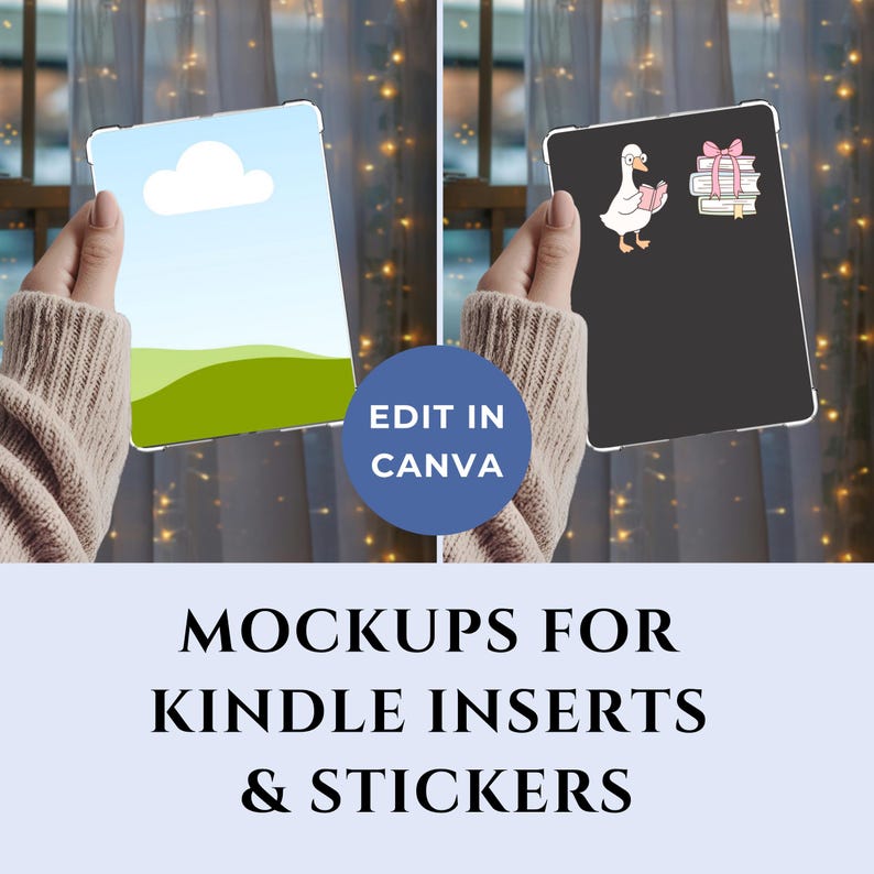 Mockups for Kindle Inserts and Stickers — Editable Canva Template

Showcase your designs in style with this editable mockup template! This template includes 2 editable mockups (one for insert designs, one for stickers), featuring a stunning fairy lights background to make your design shine!
Simply drag and drop your designs into the templates — no advanced design skills needed!