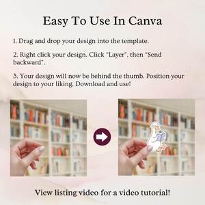 May include: Image with text "Easy To Use In Canva" and instructions for using a design template. Includes a cartoon goose reading a book. The image shows a hand holding a design over a blurred bookshelf background.