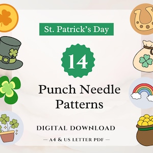 Puede incluir: Gráfico de descarga digital para el Día de San Patricio con 14 patrones de punch needle. El diseño incluye un trébol verde, un sombrero de duende, una olla de oro y un arcoíris. El texto dice "DESCARGA DIGITAL - A4 & US LETTER PDF -."