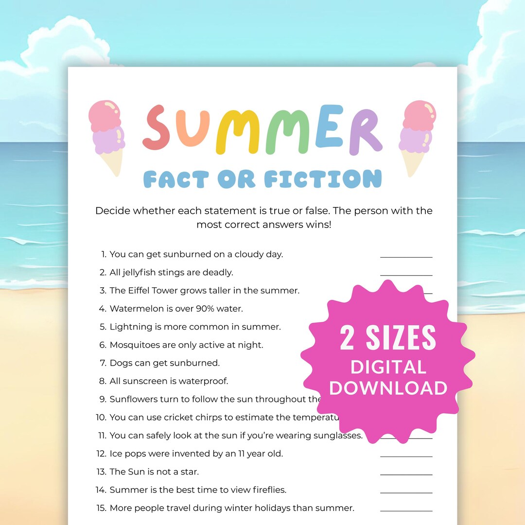 Summer Fact or Fiction Game, Summer Trivia Game, Summer True or False ...