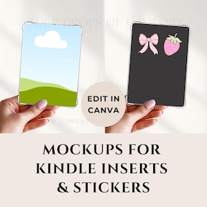 May include: Mockups for Kindle inserts and stickers. The image shows two Kindle inserts. One has a sky and green landscape design, and the other has a pink bow and strawberry design. The text "Edit in Canva" is also visible.