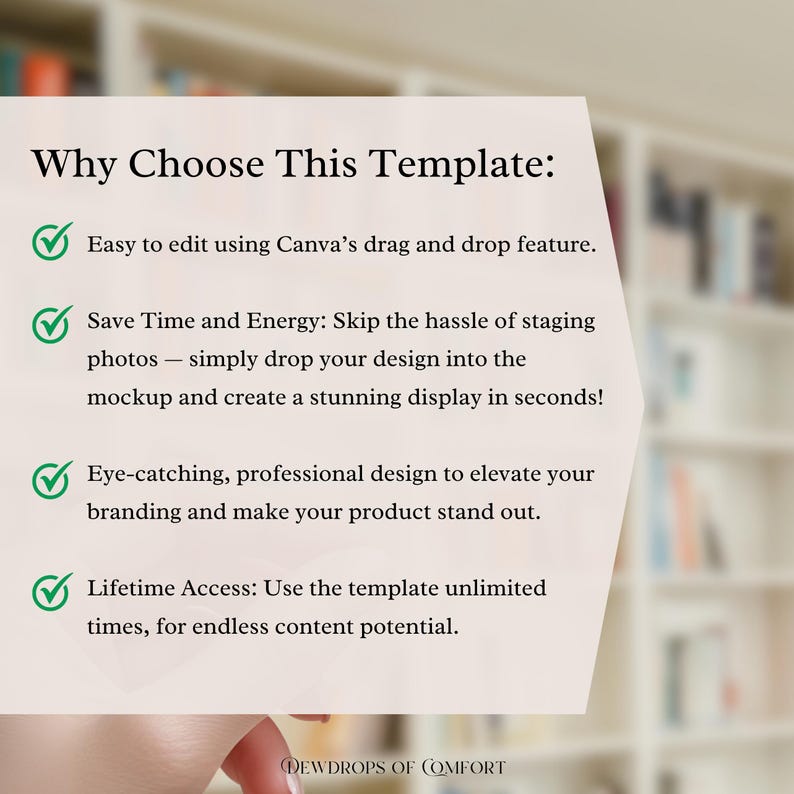 May include: A white template with the text "Why Choose This Template:" and bullet points describing the template's features. The text includes "Easy to edit using Canva's drag and drop feature" and "Lifetime Access". The background is blurred.
