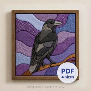 May include: A fabric art piece featuring a black and gray crow perched on a branch, set against a background of wavy purple and blue fabric segments. The artwork is enclosed in a brown wooden frame and includes a white circular label reading PDF 4 Sizes.