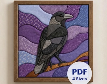 May include: A square fabric art piece in a brown wooden frame featuring a crow perched on a branch. The background consists of wavy, layered fabric sections in shades of purple and blue. A white circular overlay displays the text PDF 4 Sizes.