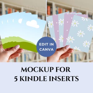 以下が含まれることがあります： 5つのKindleインサートのモックアップ。1つのセットは、青い空、白い雲、緑の丘のある風景デザインが特徴です。もう1つのセットは、白いデイジーとラベンダーのストライプが入った水色の背景です。「Edit in Canva」というテキストが青い円にあります。