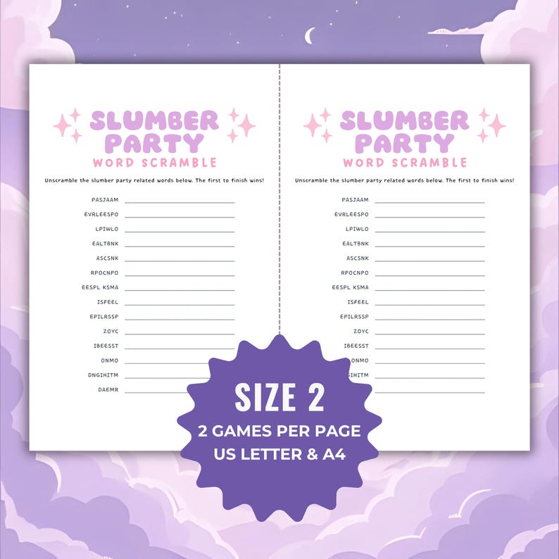 Slumber Party Word Scramble Game, Printable Slumber Party Games Word ...
