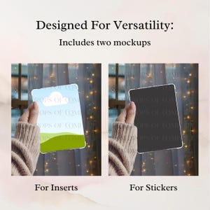 May include: Image showcasing two mockups: one for inserts with a sky and landscape design, and another for stickers with a black background. Text reads "Designed For Versatility: Includes two mockups" and "For Inserts" and "For Stickers".