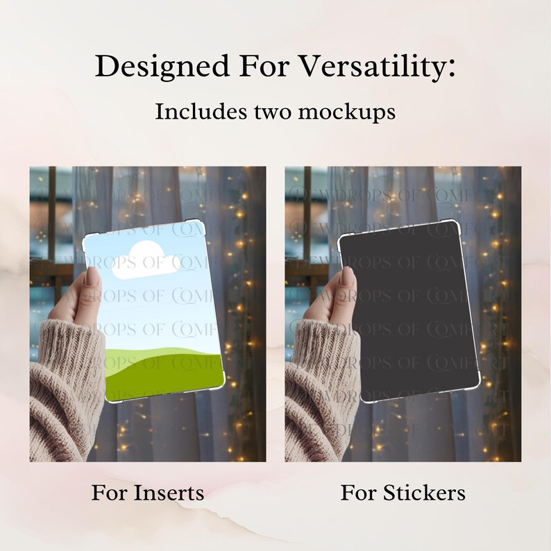 May include: Image showcasing two mockups: one for inserts with a sky and landscape design, and another for stickers with a black background. Text reads "Designed For Versatility: Includes two mockups" and "For Inserts" and "For Stickers".