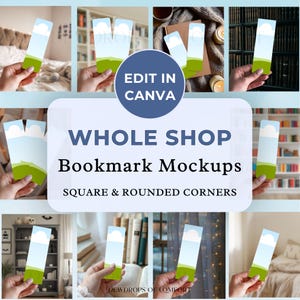 Könnte beinhalten: Eine Sammlung rechteckiger Lesezeichen-Mockups mit hellblauem Himmel, weißen Wolken und einem grünen Hügel. Der zentrale Text lautet EDIT IN CANVA, WHOLE SHOP Bookmark Mockups und SQUARE & ROUNDED CORNERS in dunkelblauer Schrift.