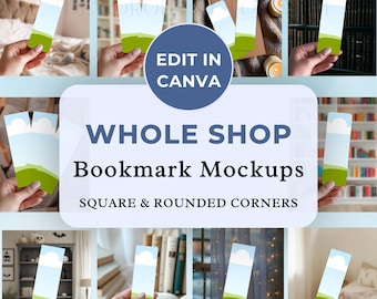 Bewerkbare bladwijzer mockup bundel hand met bladwijzer mockup canva bladwijzer mock-up 2 x 6 vierkante en afgeronde hoeken bladwijzer mockup meerdere