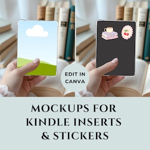 Puede incluir: Maquetas para insertos y pegatinas de Kindle. La imagen muestra dos dispositivos Kindle. Uno muestra un cielo y un paisaje verde, el otro una taza de café, libros y cerezas. El texto "EDIT IN CANVA" es visible. Libros en el fondo.