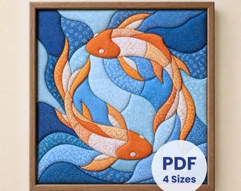 May include: A square framed fabric art piece featuring two orange and white koi fish swimming in a circular pattern against a background of layered blue fabric waves with floral and textured patterns. A white circular overlay displays PDF 4 Sizes.