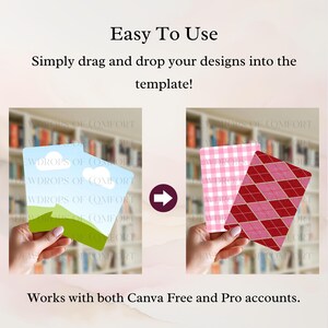 May include: Image showing a demonstration of a design template. The text reads "Easy To Use" and "Simply drag and drop your designs into the template!" Two cards are shown, one with a landscape design and the other with a pink gingham and red argyle pattern.