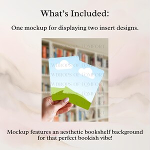 May include: A mockup featuring two insert designs with a blue sky and green landscape design, held in front of a bookshelf background. The text reads "What's Included: One mockup for displaying two insert designs."