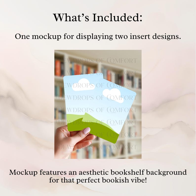 May include: A mockup featuring two insert designs with a blue sky and green landscape design, held in front of a bookshelf background. The text reads "What's Included: One mockup for displaying two insert designs."