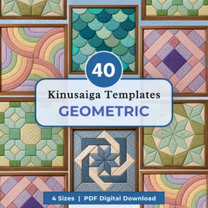 May include: A collection of 40 Kinusaiga templates featuring geometric patterns in various colours and textures. The image displays multiple square framed designs, including scales, stars, and rainbow arcs, with text reading 40 Kinusaiga Templates GEOMETRIC.