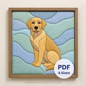 May include: A framed fabric art piece featuring a golden yellow dog sitting against a background of wavy blue and green patterned fabric segments. A white circular overlay in the bottom right corner contains the blue text PDF 4 Sizes.