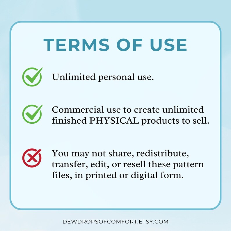 K&ouml;nnte beinhalten: Eine hellblaue Infografik mit der &Uuml;berschrift TERMS OF USE. Sie enth&auml;lt drei Punkte: ein gr&uuml;nes H&auml;kchen f&uuml;r unbegrenzte pers&ouml;nliche Nutzung, ein gr&uuml;nes H&auml;kchen f&uuml;r die kommerzielle Nutzung physischer Produkte und ein rotes X f&uuml;r das Verbot der Weitergabe.