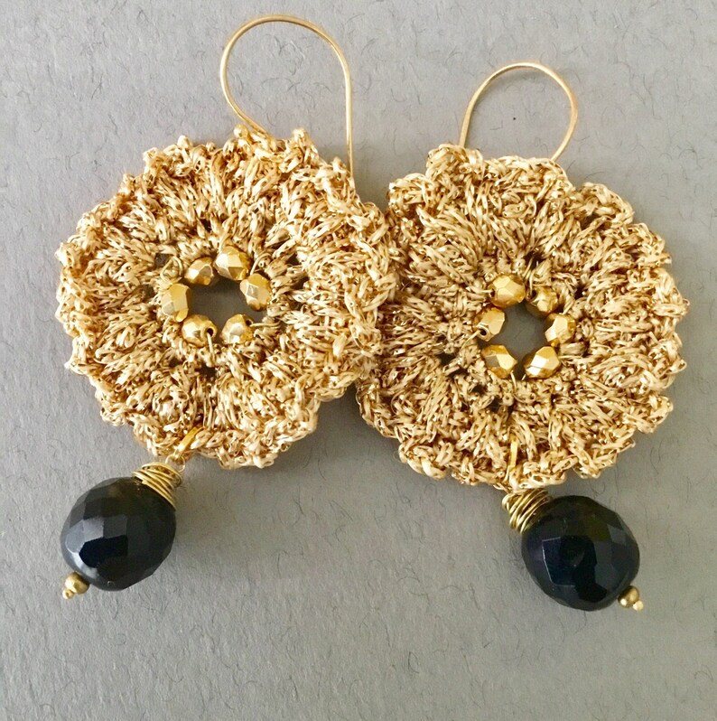 Huge Gold Earrings Black Crochet Earrings Large Round Black Etsy