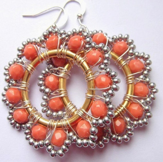 Items similar to Orange Hoop Earrings, Beaded Earrings, Big Large
