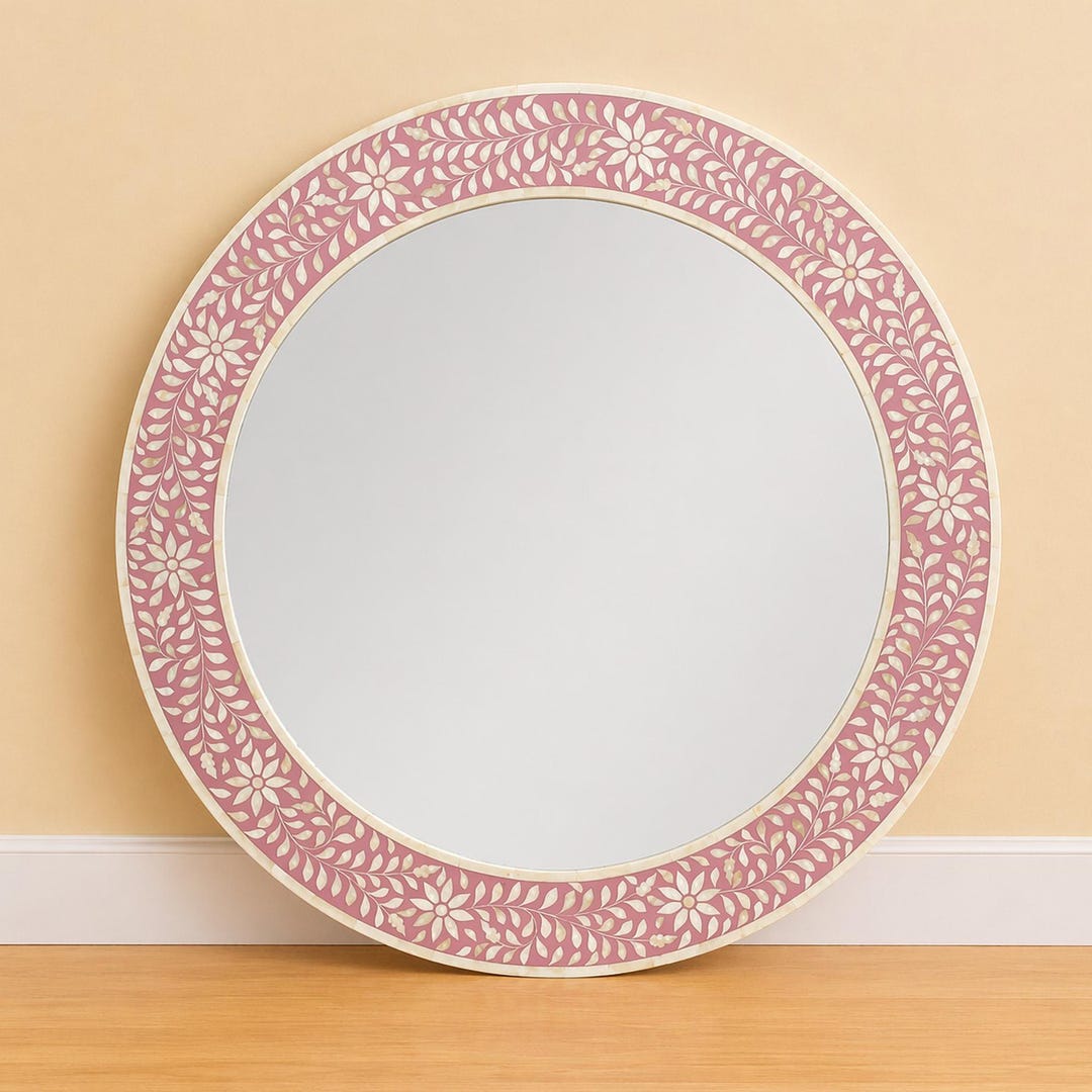 Handmade Wooden Bone Inlay Floral Pattern Mirror Frame Wall Decor Round ...