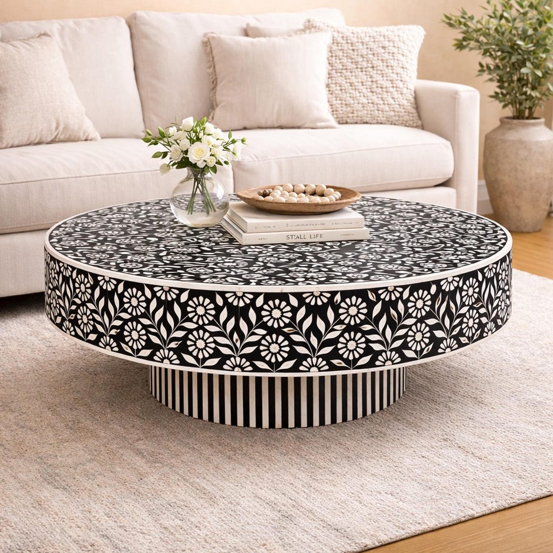 Handmade Wooden Bone Inlay Floral Pattern Coffee Table - Etsy