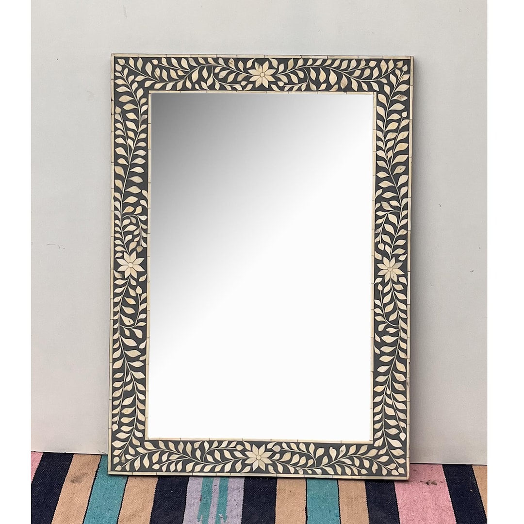 Handmade Wooden Bone Inlay Floral Pattern Mirror Frame Wall Decor - Etsy