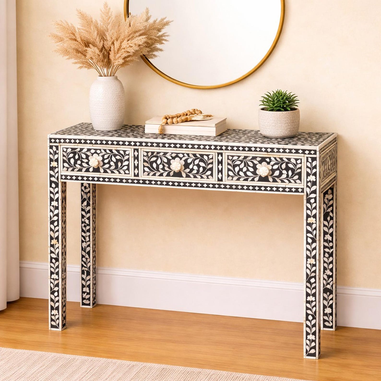 Handmade Wooden Bone Inlay Modern Floral Pattern Console Table - Etsy