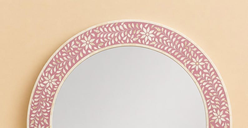 Pattern Mirror Frame Background Handmade Wooden Bone Inlay Floral Pattern Mirror Frame Wall Decor Round ...