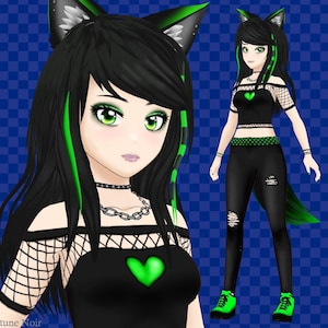 Puede incluir: Una ilustración digital de un personaje femenino de anime con cabello negro y reflejos verdes. Lleva un atuendo negro y verde con un diseño en forma de corazón. El personaje tiene orejas y cola de lobo.