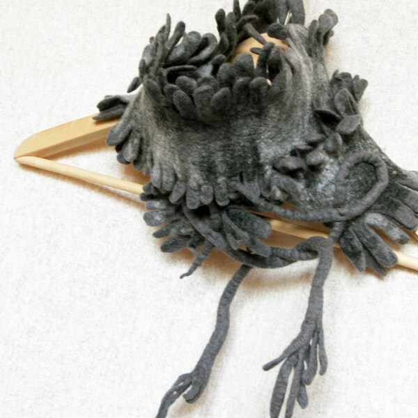 SALE  was 72 Wool Felted scarf scarflette with fringe in Gray color