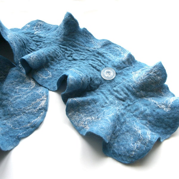 SALE was 45 Nuno Felted ruffled wool scarf scarflette collar neckwarmer  Turquoise