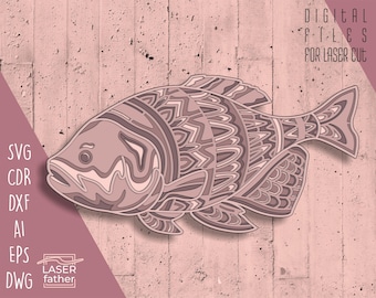 Fisk Layered SVG, Animal Mandala SVG, Sea Creature SVG, Glowforge-filer, Multilayer Laser Cut, Direktnedladdning, Vektormall